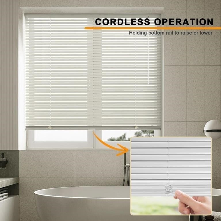 Cordless Waterproof Aluminum Mini Blinds White Window Frame Mounted Tilt Wand