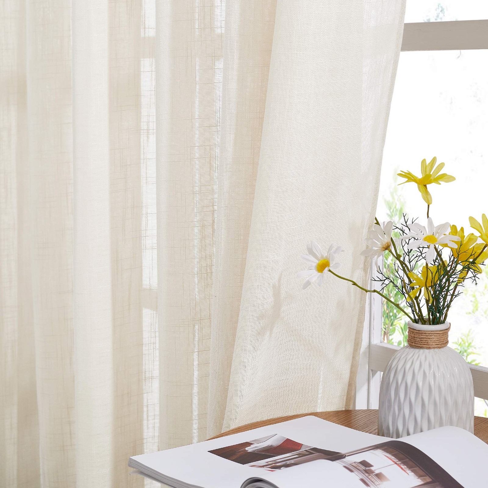 Linen Textured Sheer Curtains – Extra Wide Grommet Semi Voile Curtain Panel W…
