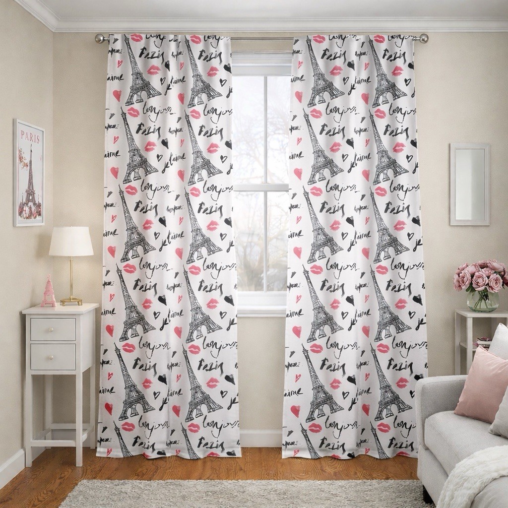 Paris Eiffel Tower Curtain Panels Set of 2 White Black Pink 28×84 Semi-Sheer NEW