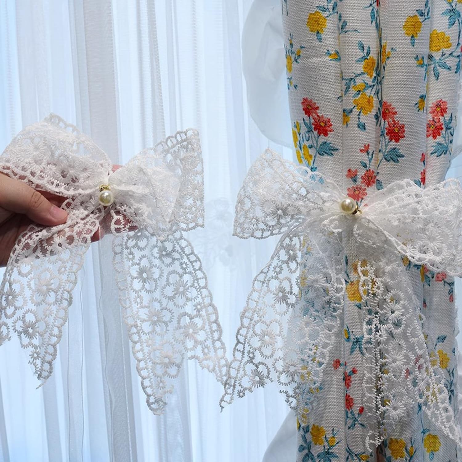 UtySty 4 Pack Curtain Tiebacks Magnetic Beaded Pearl Tie Back Lace Bow White