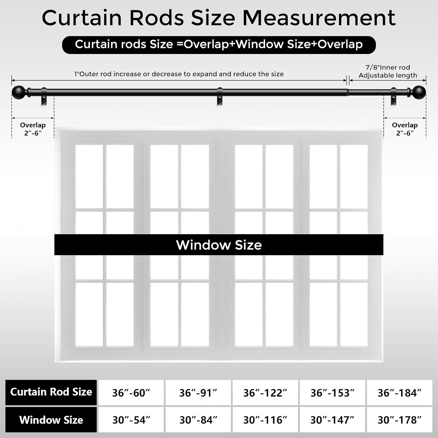 Long Curtain Rods 36-122 Inch, Black 1 Inch Adjustable Heavy Duty Curtain Rods f