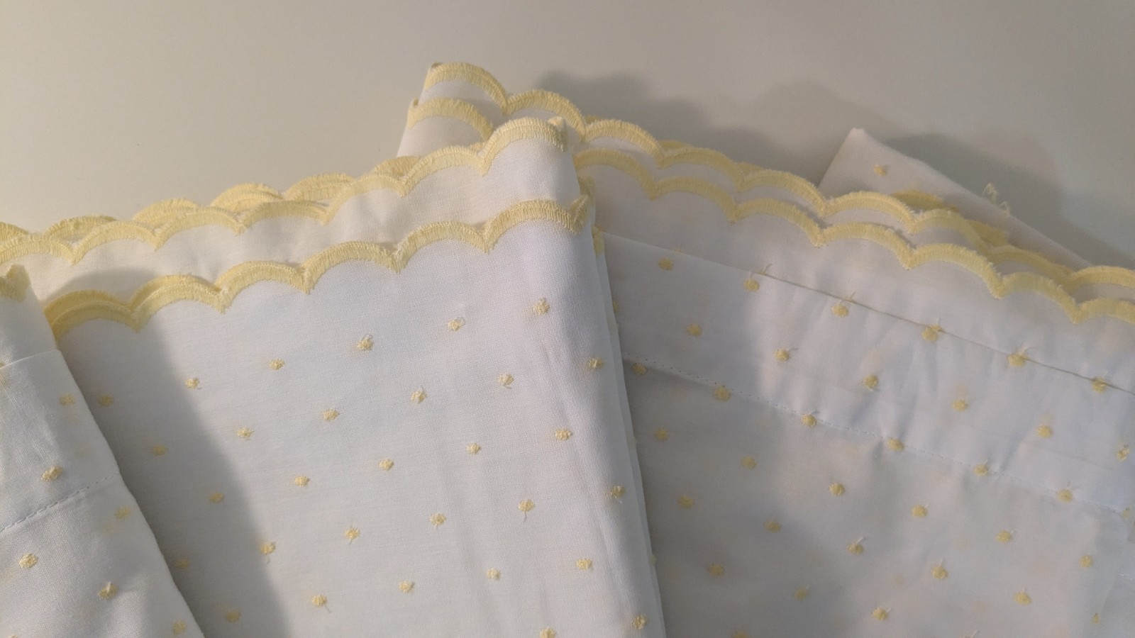 Set of 4 Handmade Swiss Dot Curtain Panels White&Yellow 51″ LONG X 73″ WIDE