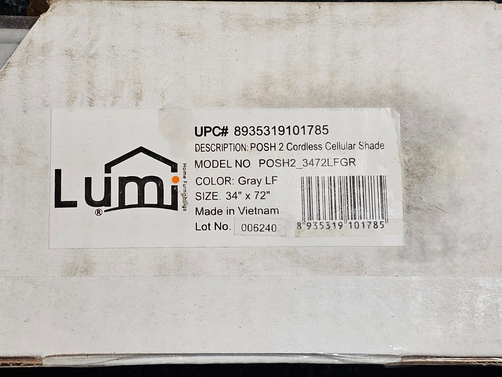 Lumi POSH2-3472LFGR 34 x 72-Inches Gray Light Filtering Cordless Cellular Shade