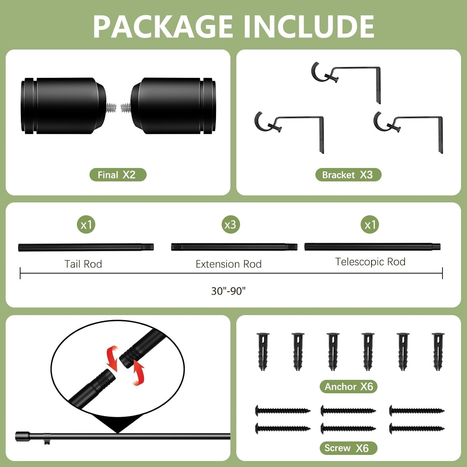 Adjustable Curtain Rod 30–90 Inch Heavy Duty Iron Black For Windows
