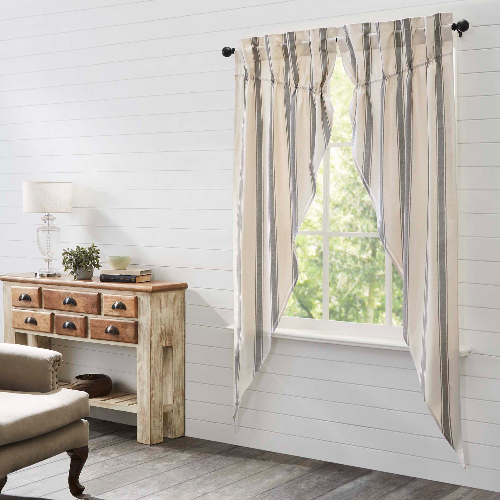 Grace Grain Sack Creme Grey Stripe Lined Country Gathered Long Prairie Curtains