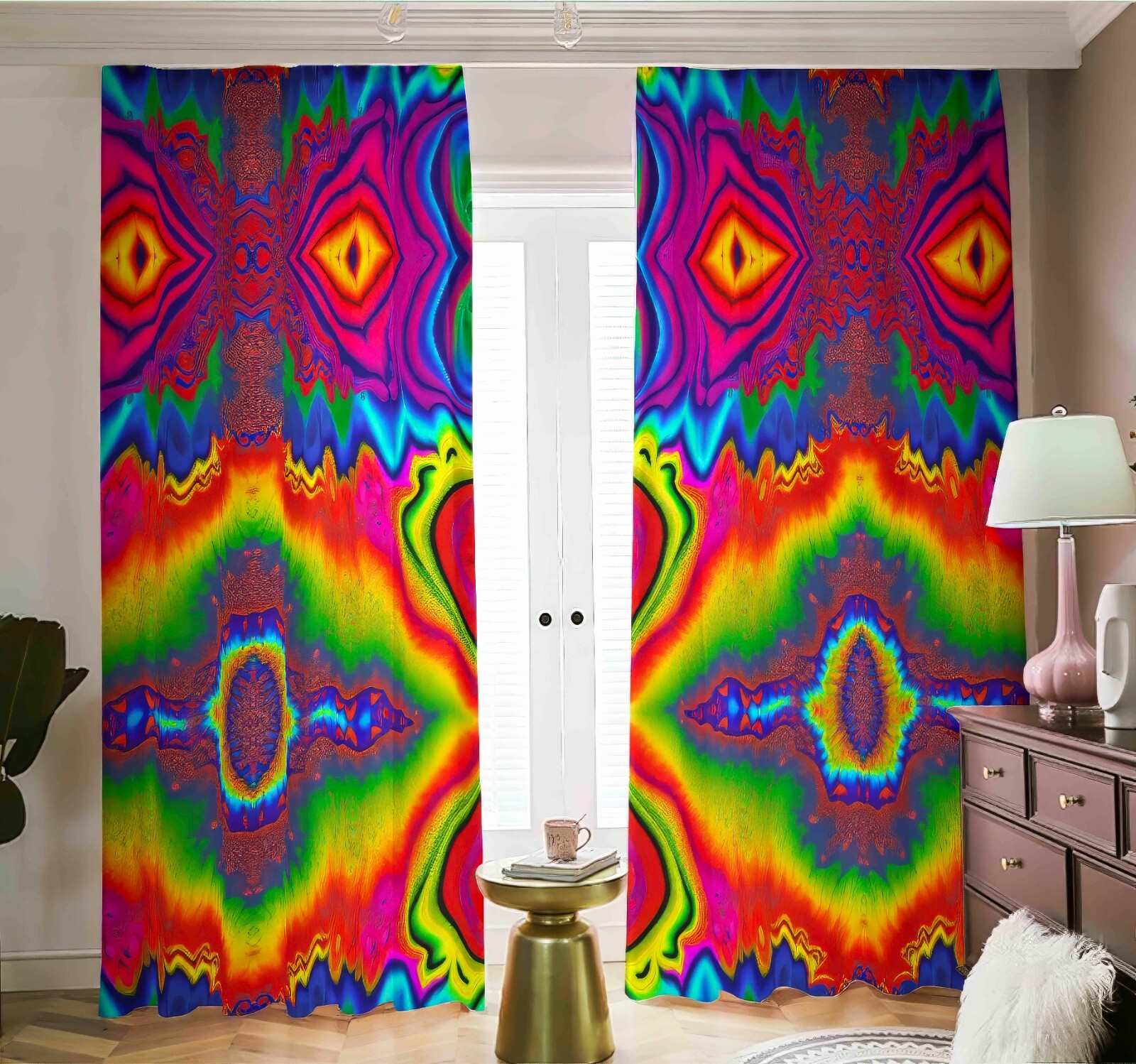 Psychedelic Tie Dye Blackout Curtains Tied Dyed Black Out Rainbow Neon Pink Rave