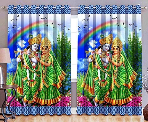Set of 2 Polyester 3D Digital Printed Eyelet Curtain for Door Radha Krishna 7ft