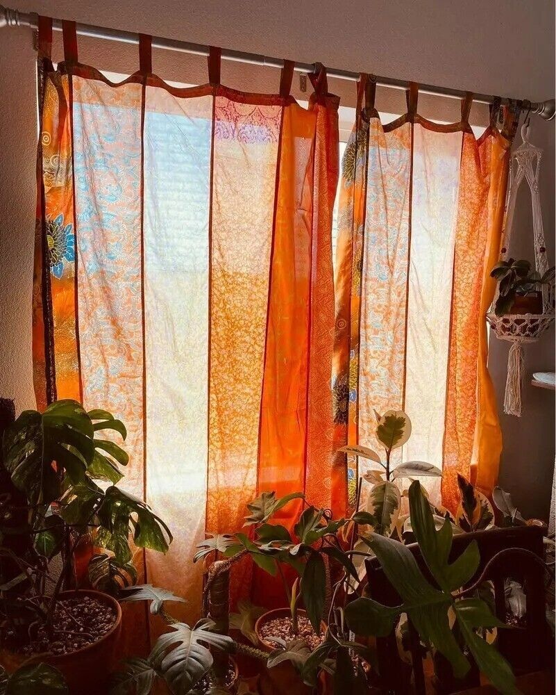 2Pc Indian Vintage Sari Patchwork Curtain Drape Window Decor Silk Orange Curtain