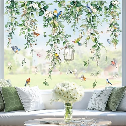 Summer Hanging Vine Eucalyptus Window Clings Green Leaves Flower Birds Glass