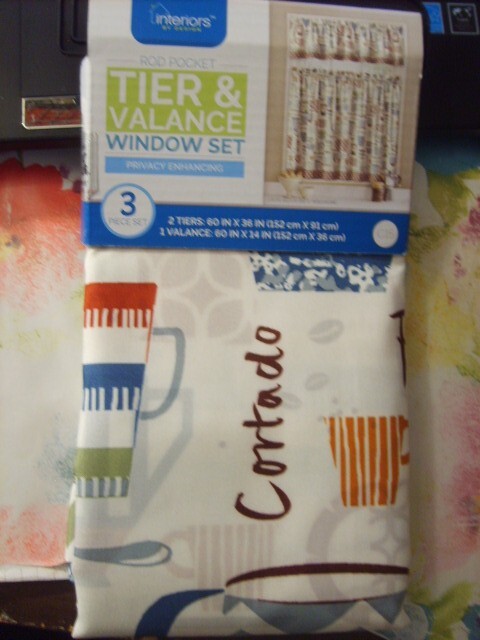 INTERIORS~COFFEE’S & CUPS~3 PIECE TIER & VALANCE CURTAIN SET~NEW~ROD POCKET