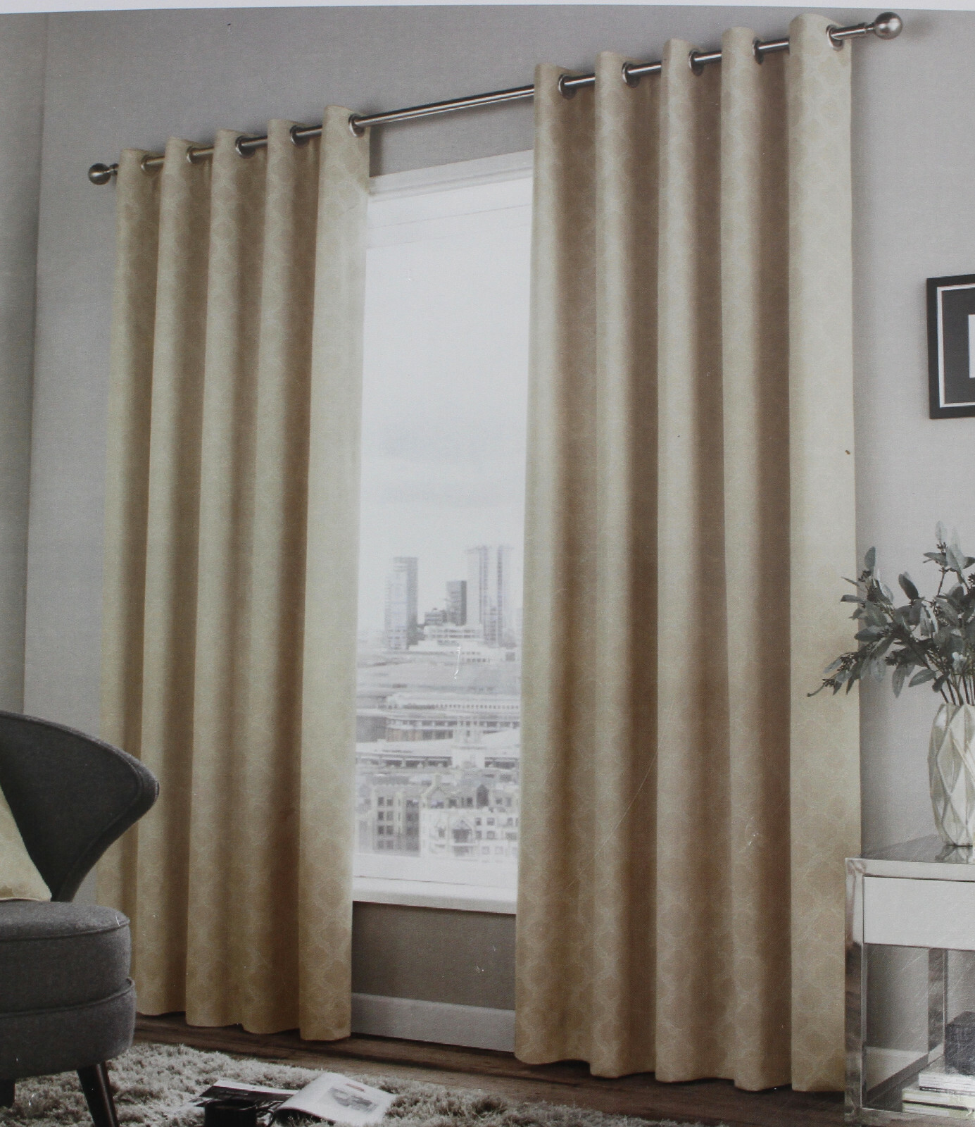 Fusion Curtain Set Geometric Pattern Curtain Eyelet Natural 117 x 137cm W13-SA3