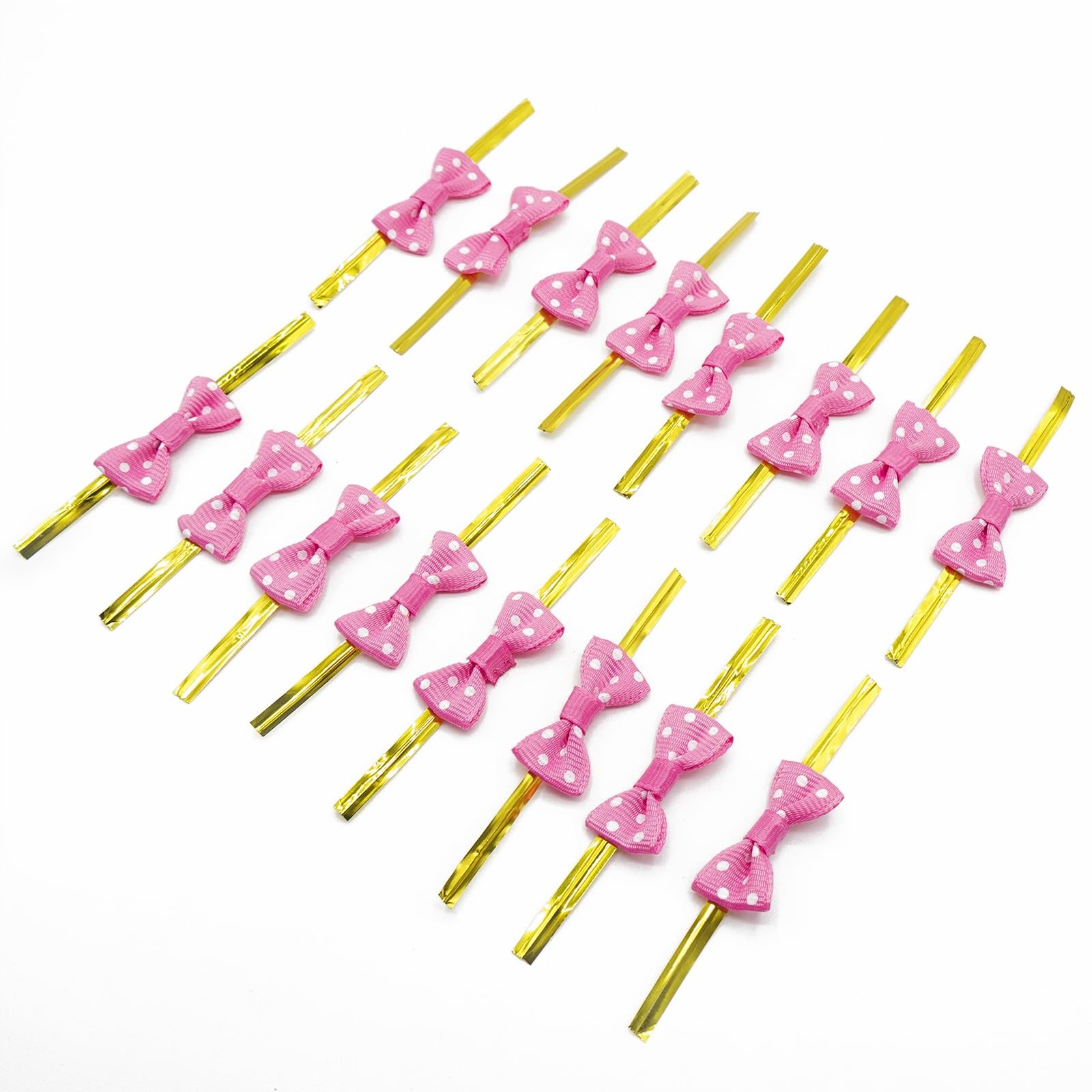 100Pcs Pink Mini Ribbon Bow Twist Ties, Treat Bag, Metallic, DIY Crafts, Food