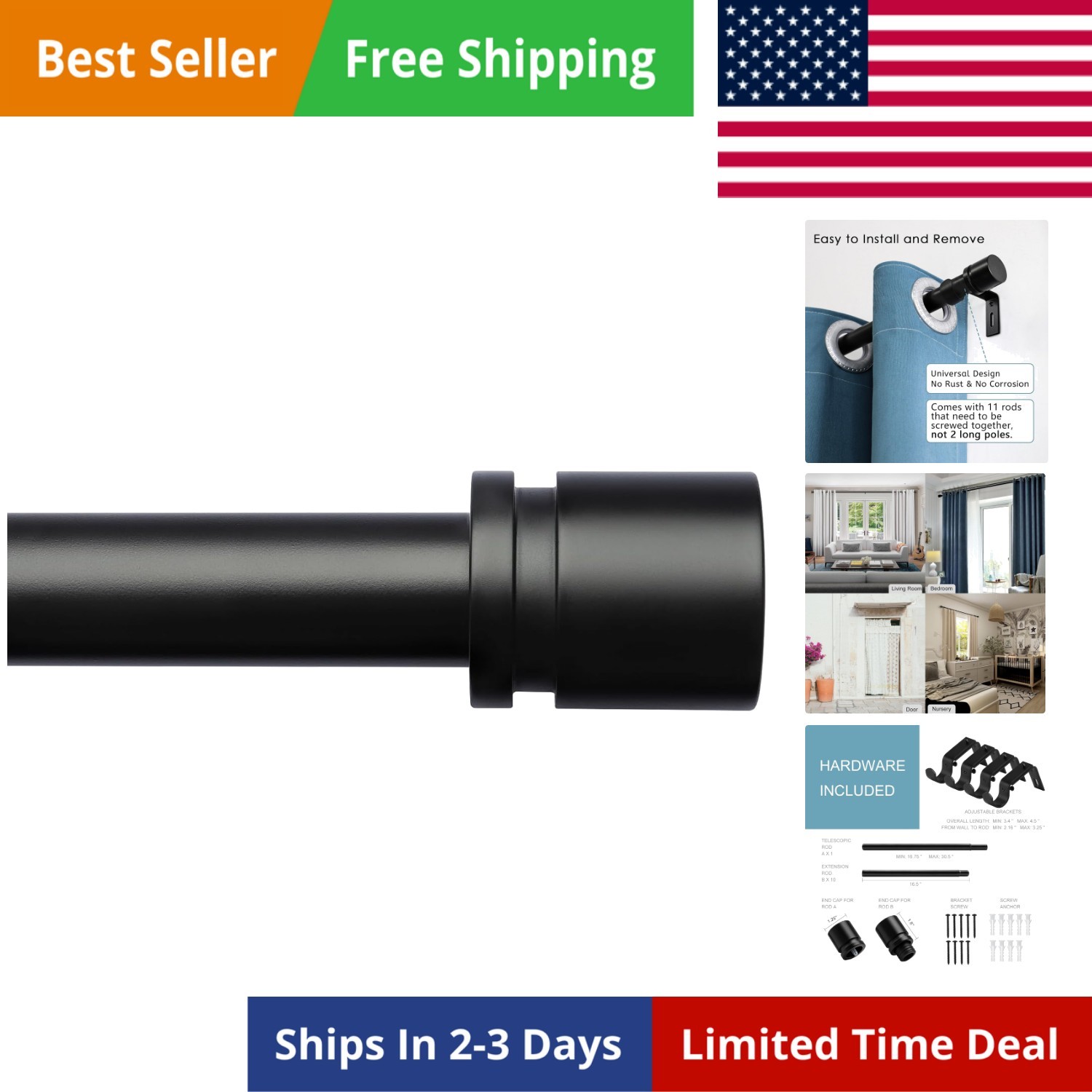 Curtain Rods for Windows 16 to 170 Inches Adjustable Length 1 Inch Diameter W…
