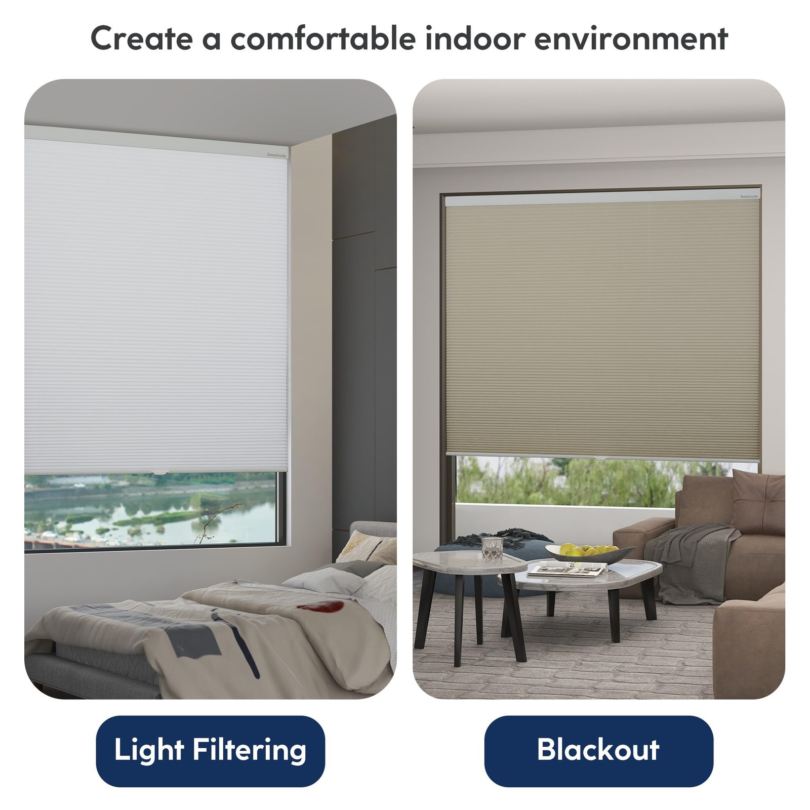 Cellular Shades Cordless Top Down Bottom Up Honeycomb Blinds, Blackout Window