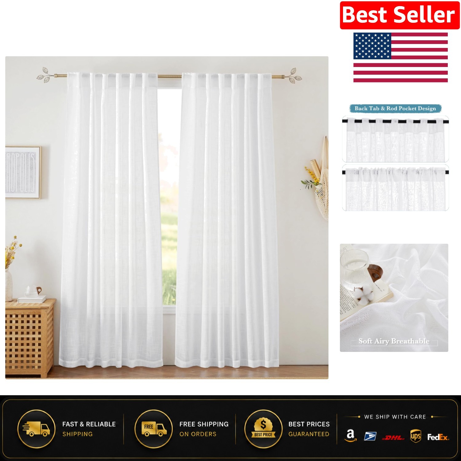 Stylish 52×84 White Sheer Linen Curtains – Rod Pocket & Back Tab Design, 2 Pack
