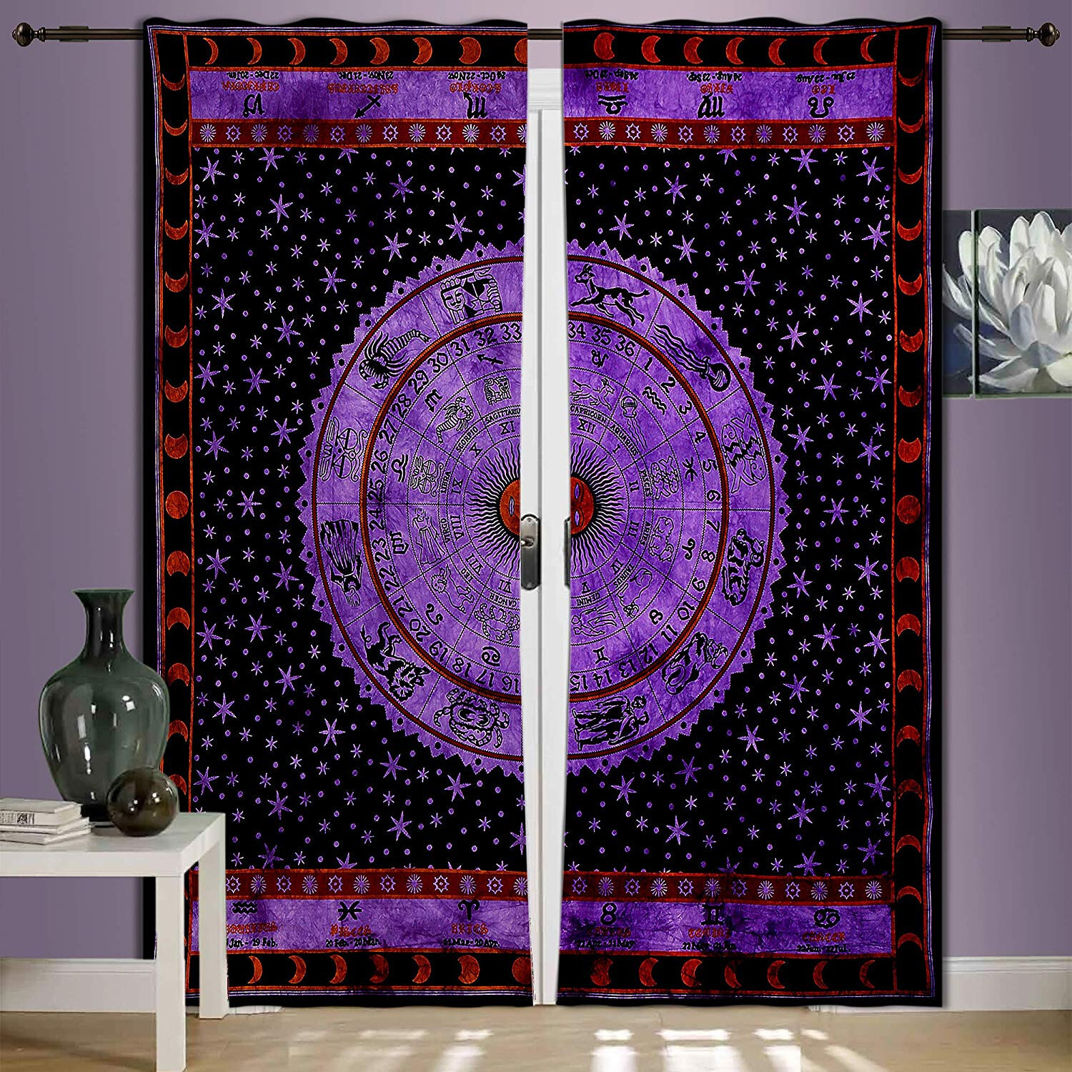 INDIAN WINDOW DOOR PURPLE COVER DECOR COTTON HOROSCOPE ZODIAC ASTROLOGY CURTAIN