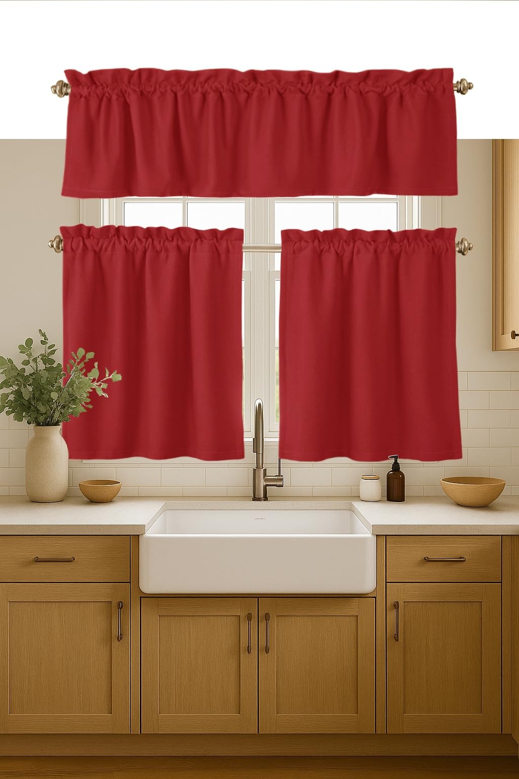 3 Pieces Window Curtain Tiers 26″x36″ and Valance 54″x18″ Set – Rod Pocket – …
