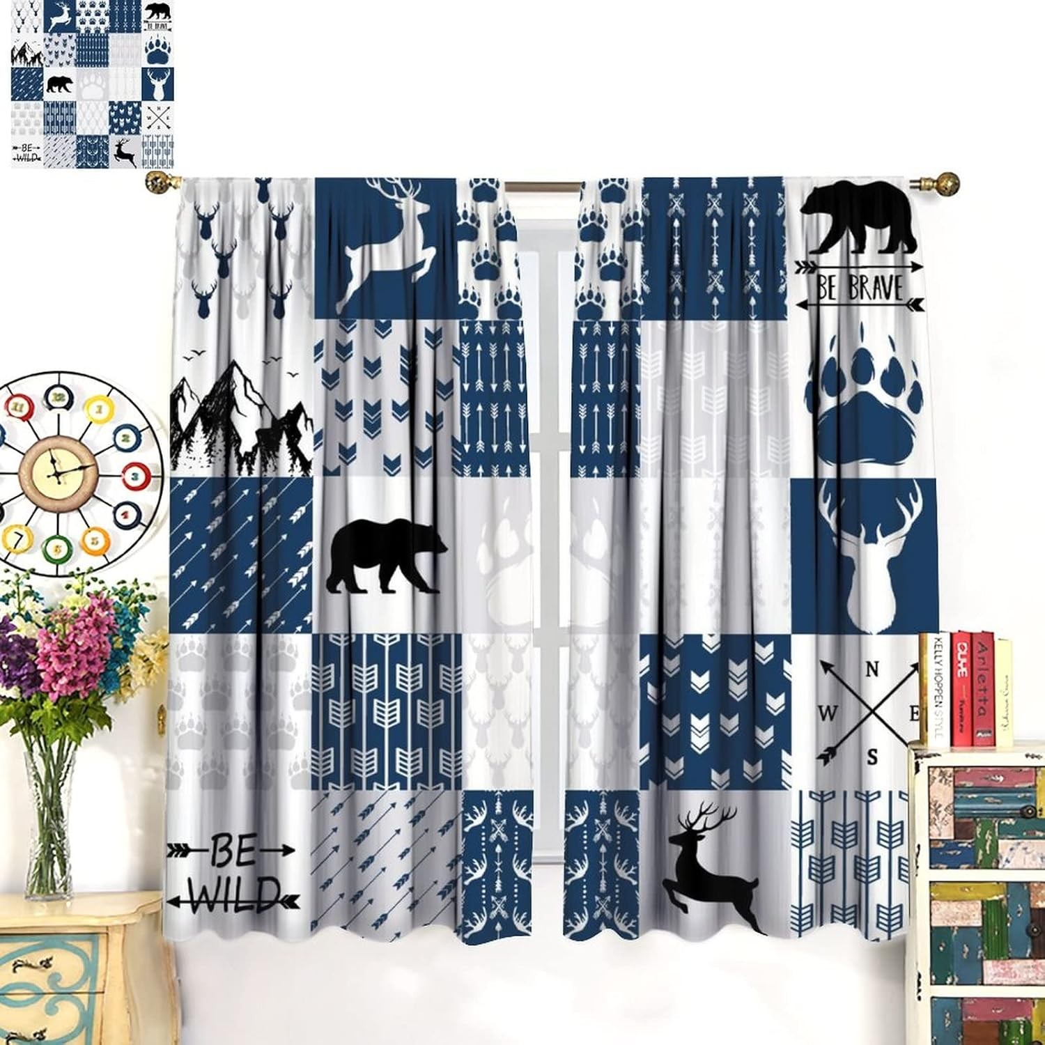 Rustic Deer Bear Blackout Curtains,Retro Cabin Hunting Theme Forest Wildlife Blu