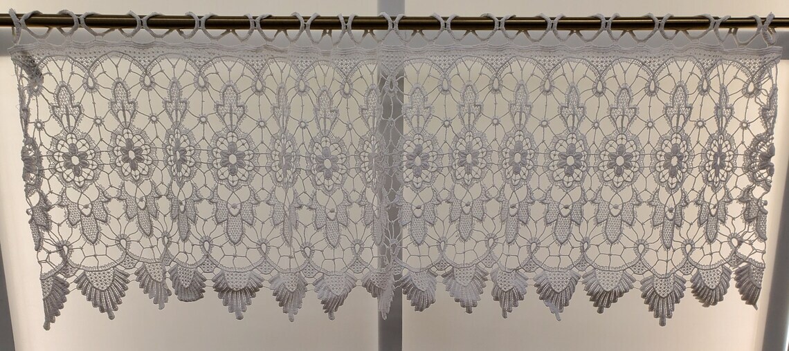 Macramé Medallion Loops and Scalloped Bottom Hem White Curtain Tier or Valance
