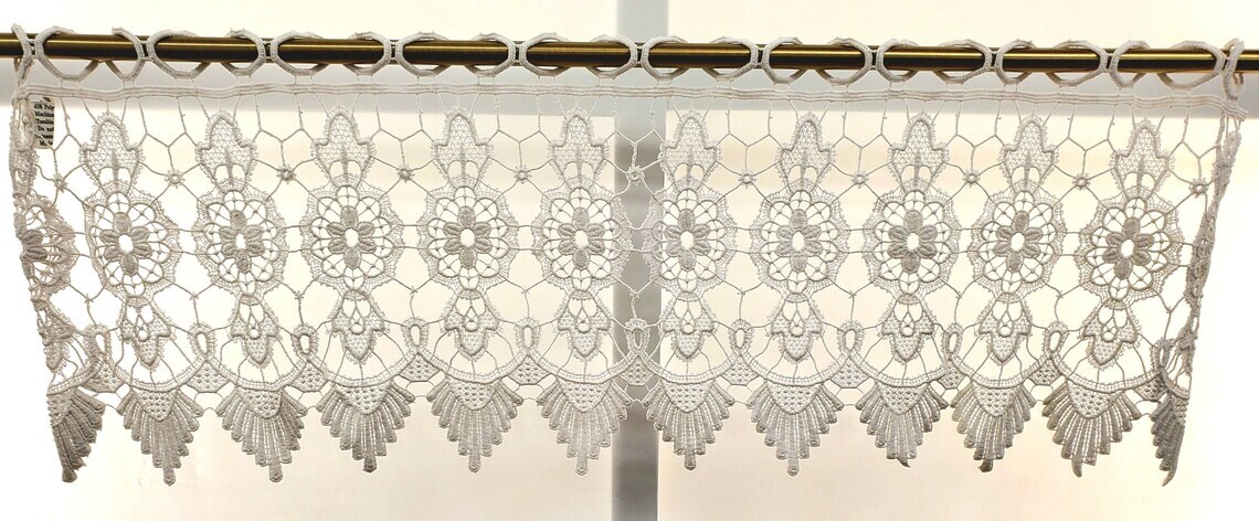 Macramé Medallion Loops and Scalloped Bottom Hem White Curtain Tier or Valance