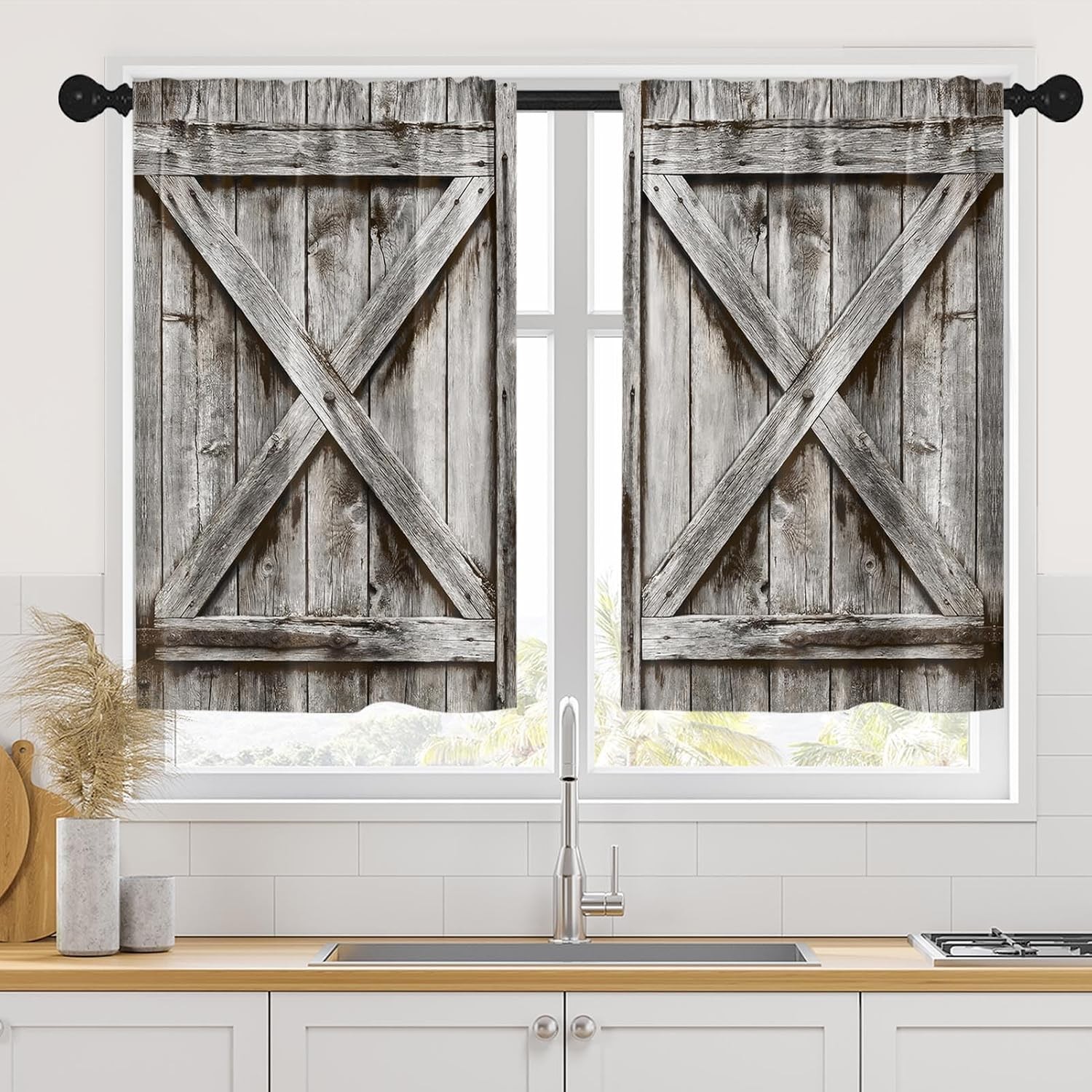 Wooden Barn Door Rustic Kitchen Curtains Abstract Wood Nature Vintage Plant