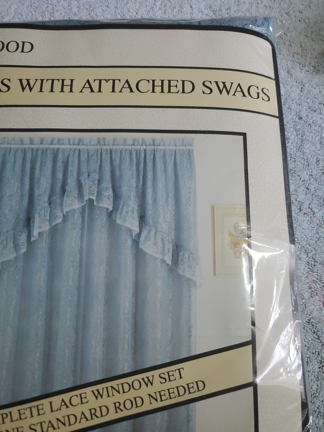 VINTAGE Fernwood Chambray Lace Window Curtain 2 Panels with attached swags NoS
