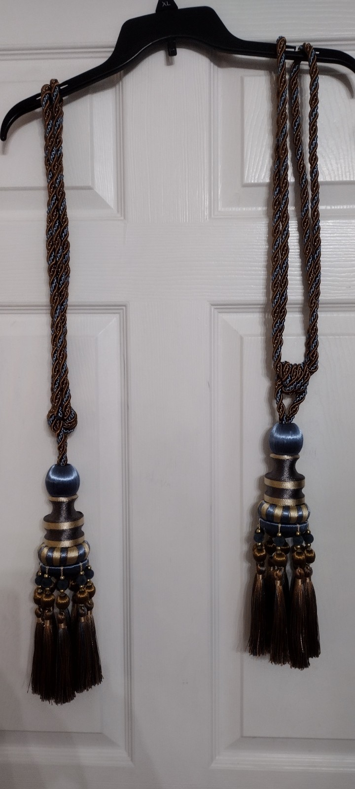 2 Blue Striped Pair of Decorative Tassels Large Luxury Drapery Tiebacks 28” long