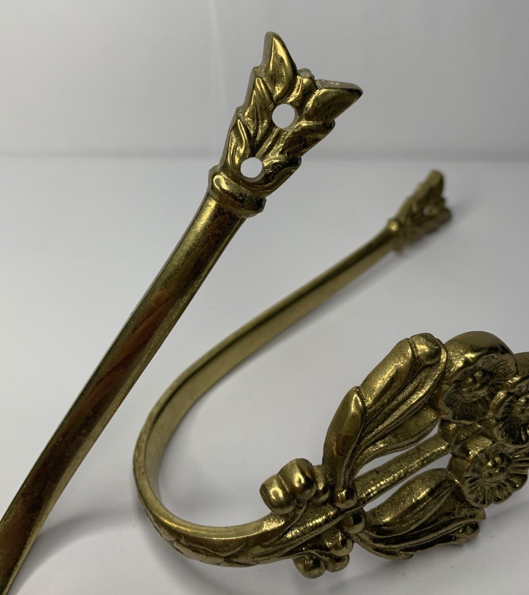 2 VTG Germany Cast Brass Floral Curtain Drapery Tiebacks Pole Holders Wall Hooks