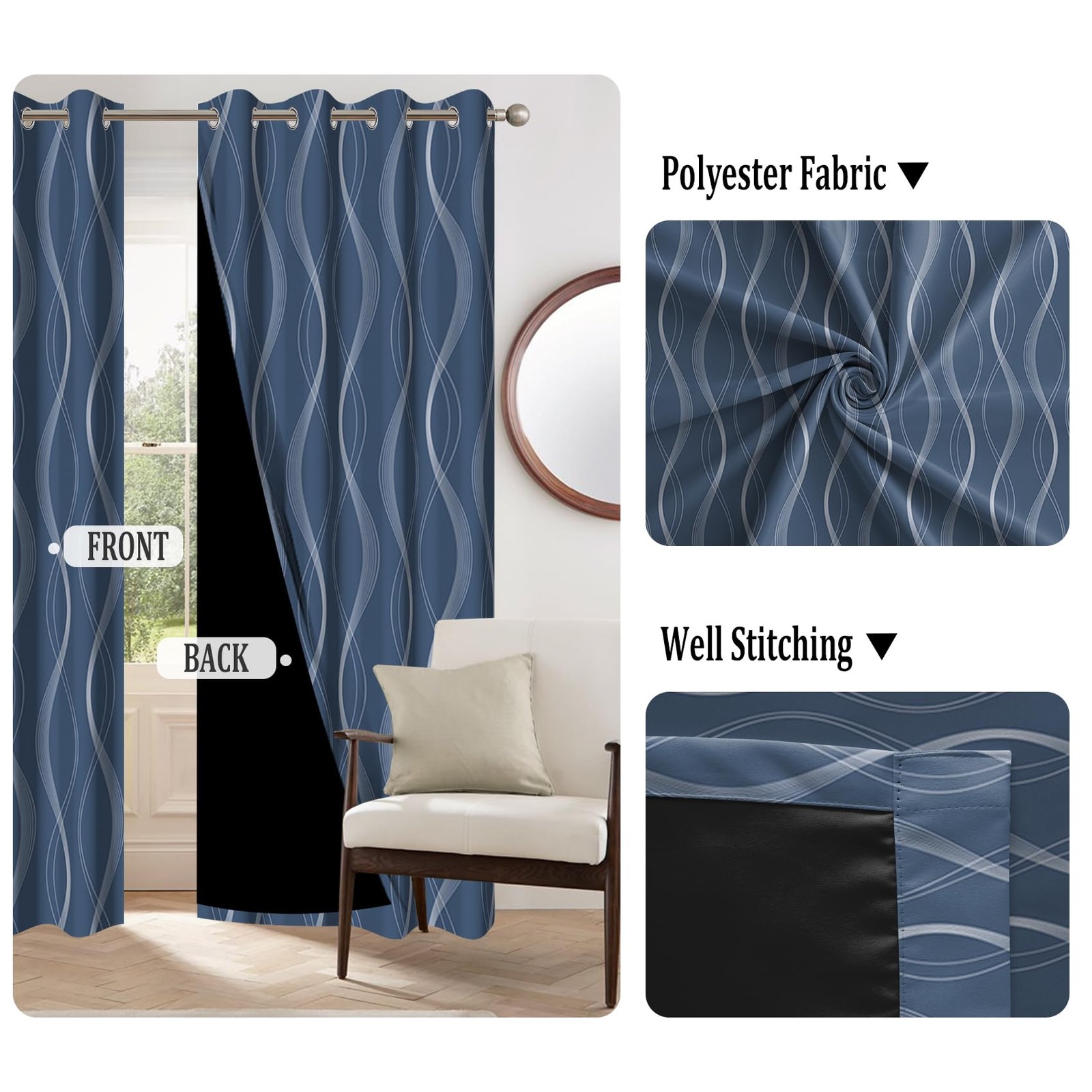 Navy Blue Wave Pattern Blackout Curtains for Bedroom Abstract Striped Line Pr…