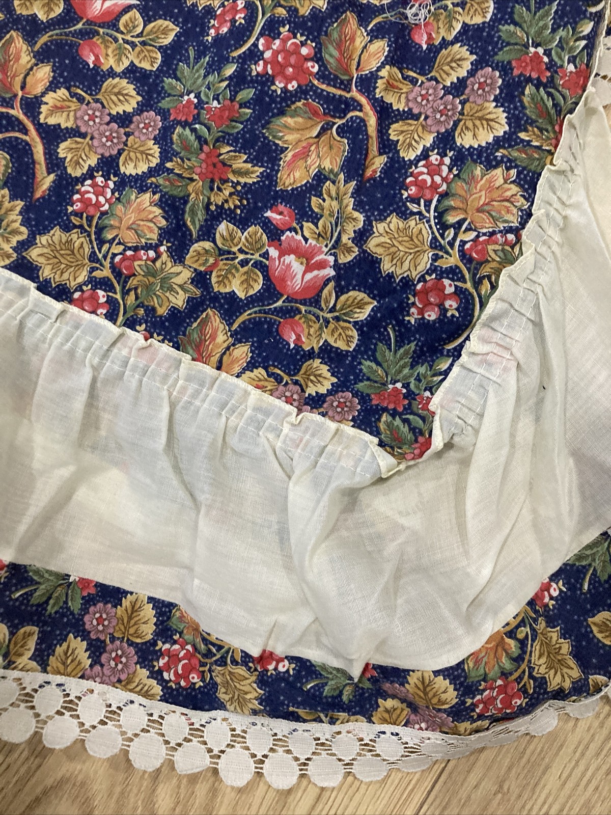 2 Pairs Attached Valances Rifled Laced Cotton Blend Floral Curtains 45”W/78”L