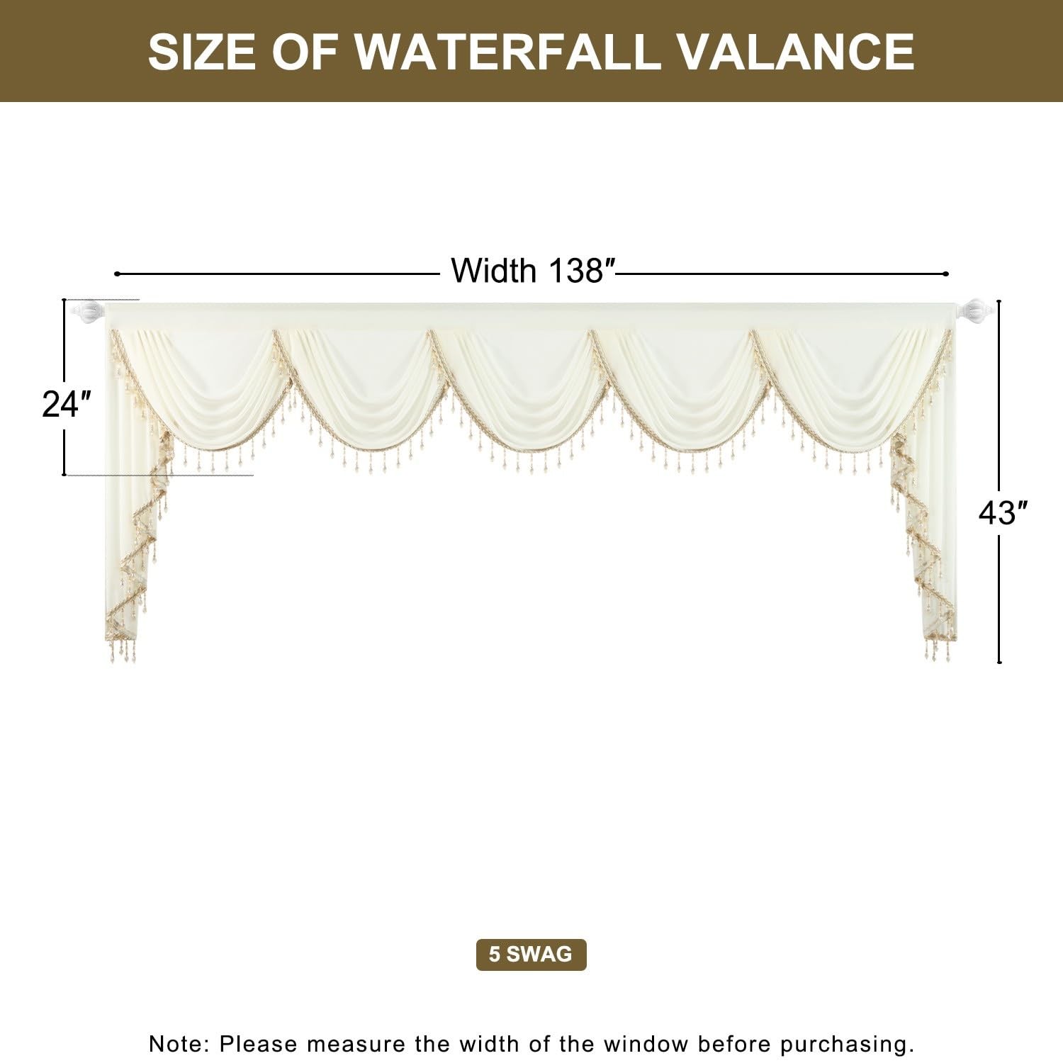 Leeva 138 Extra Wide Beige Waterfall Valance Luxury Voile Swag Beaded Tassels