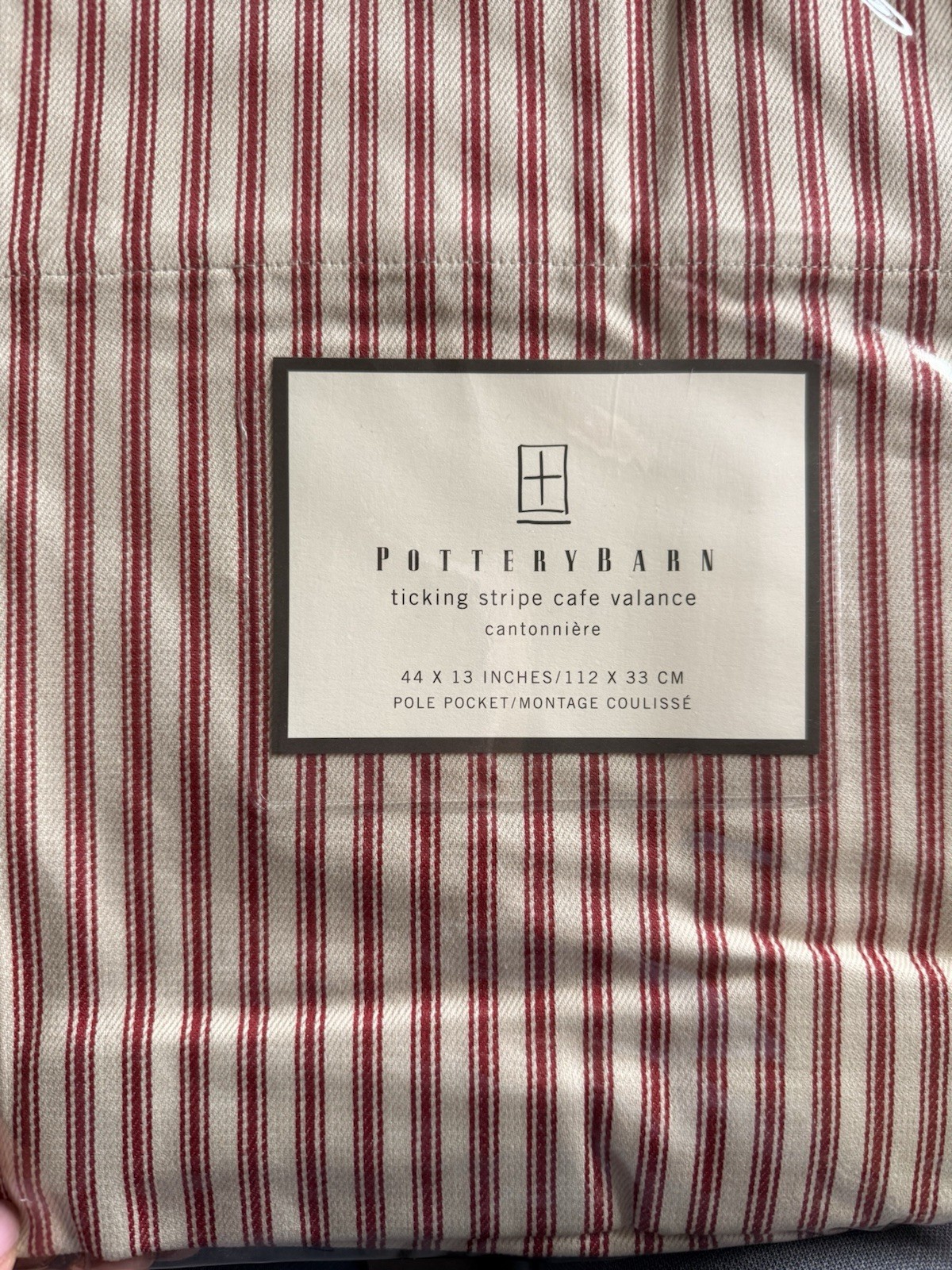 Pottery Barn Red Ticking Stripe Cafe Valance 44×13” Pole Pocket