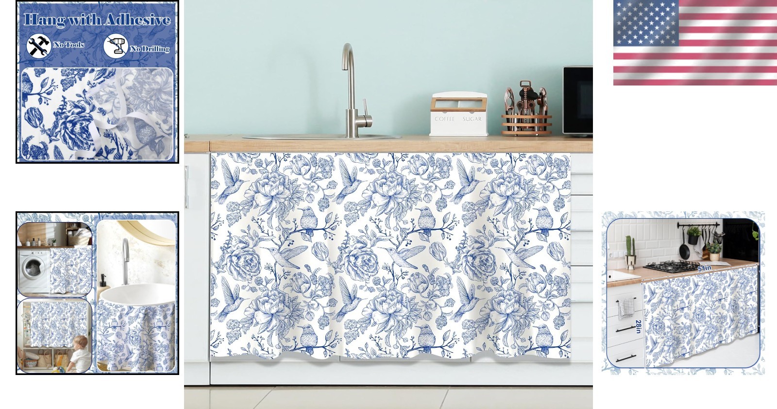 Sophisticated Blue Floral Cabinet Curtain – Easy Install & Washable – 28 x 51 in