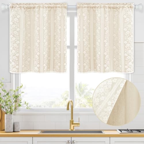Linen Kitchen Curtains 36 Inch Length, Double 26″W x 36″L (Pack of 2) Beige