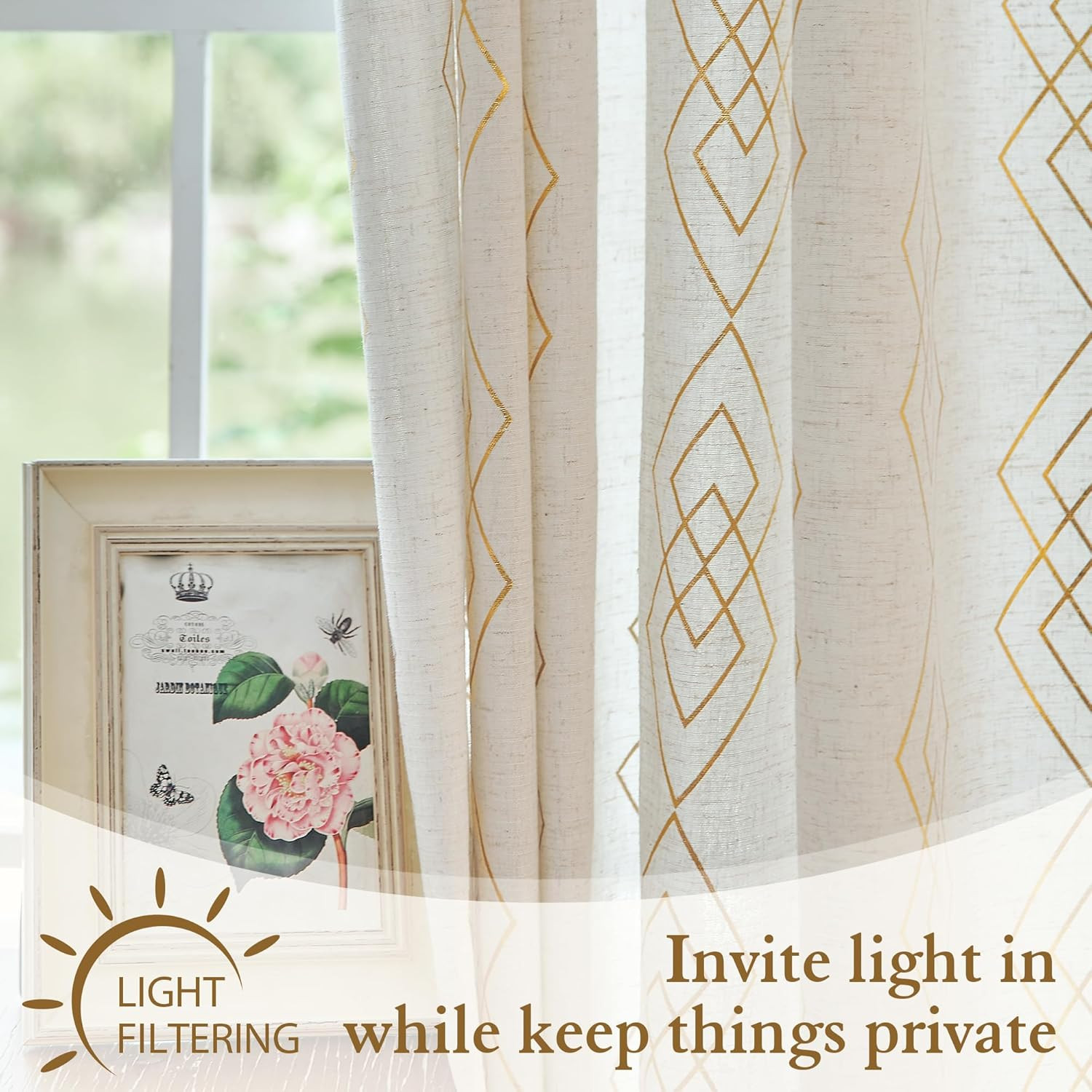 Linen Boho Curtains for Bedroom,63 Inch Length Curtains Gold Foil Metallic Strip