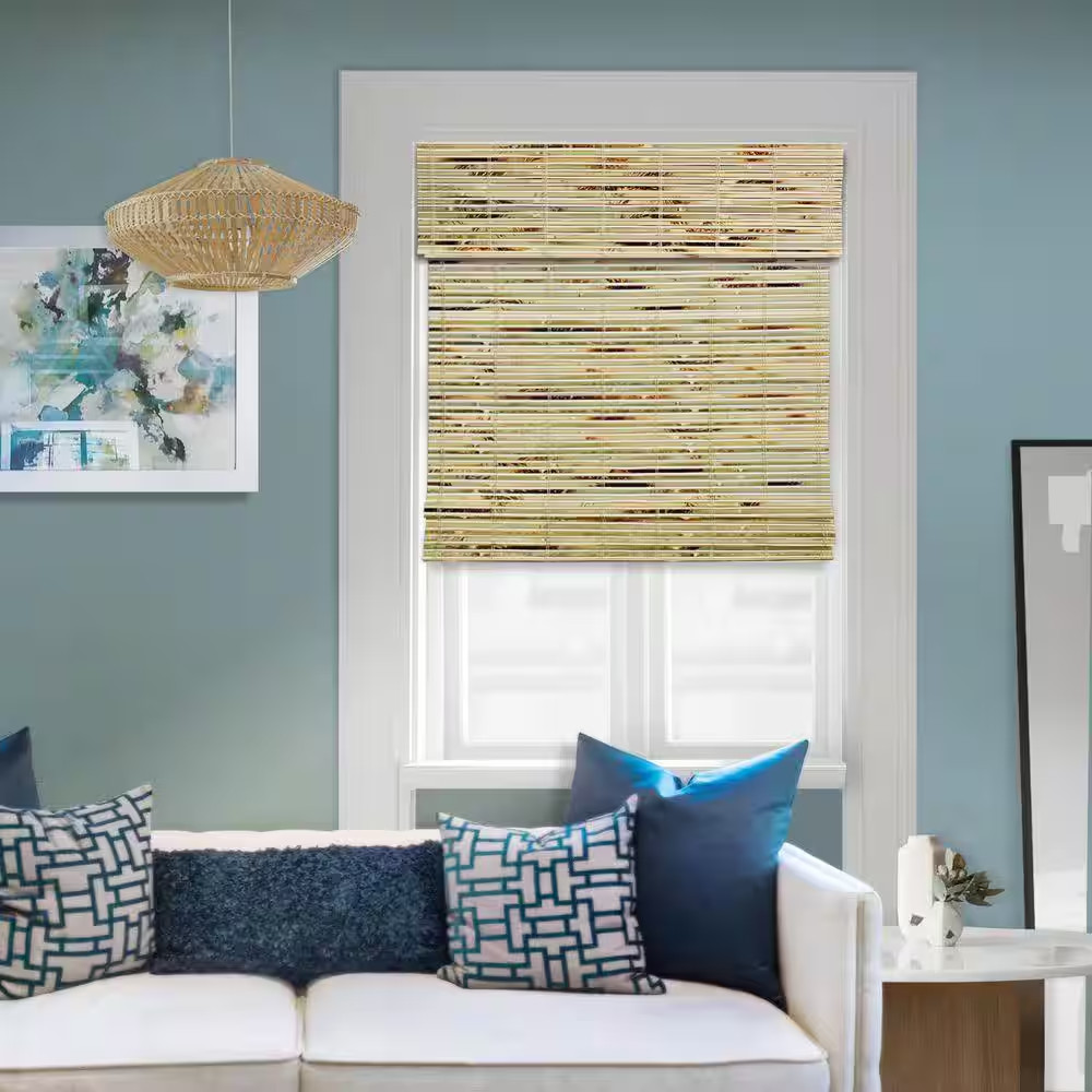 Natural Woven Light Filtering Cordless Bamboo Roman Shades for Windows, 27 In. W