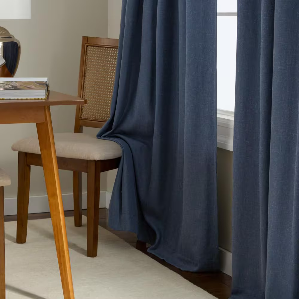 Arlo Solid Linen Texture 50 In. W X 96 In. L Polyester Blackout Navy Blue Curtai