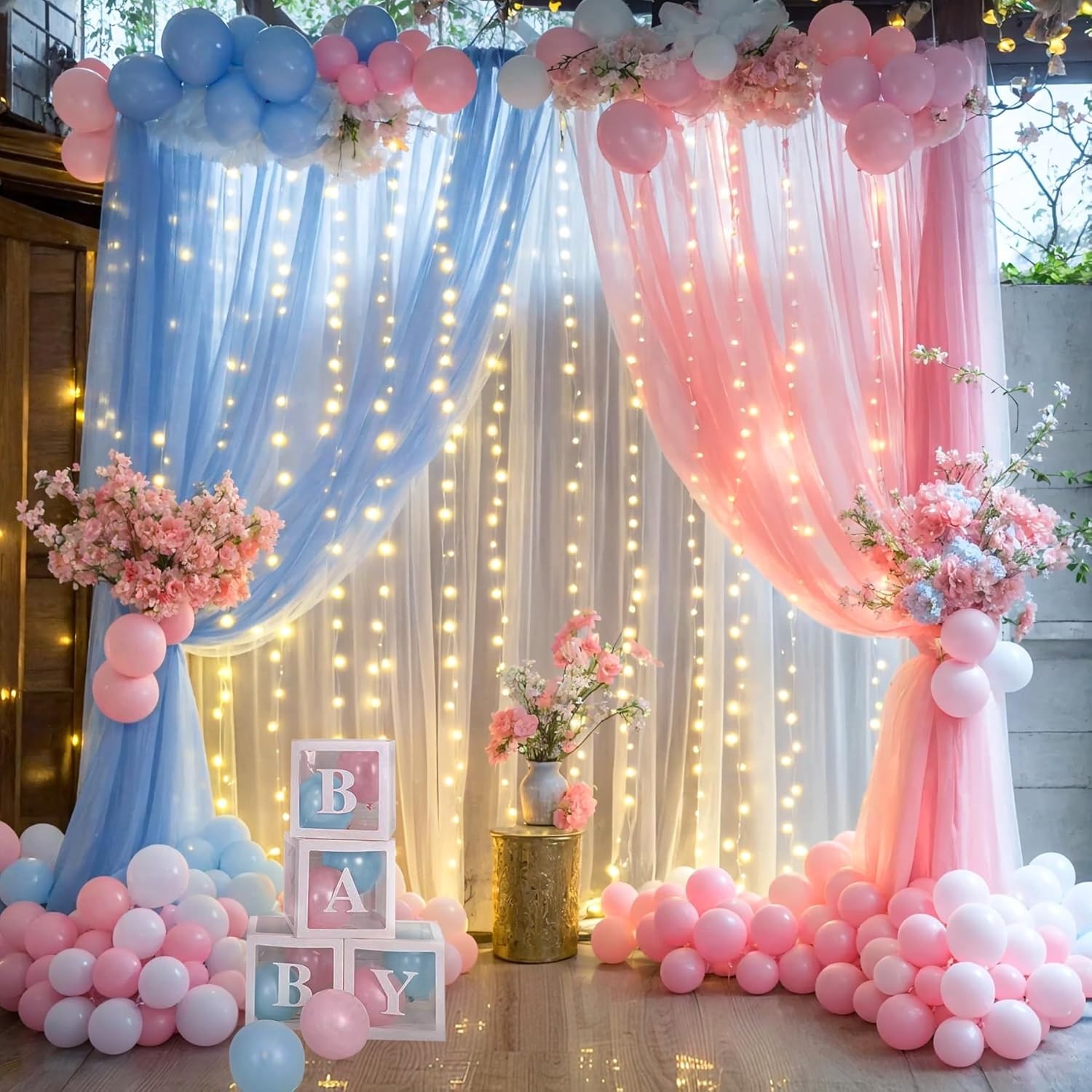 Pink Blue Tulle Backdrop Curtains w/ Lights Baby Shower Gender Reveal Decor Tun