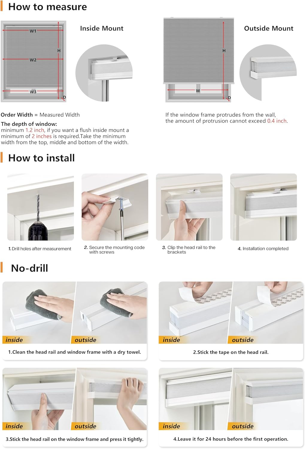 Cordless Honeycomb Blinds, UV Protection, Easy Mount, 38″ W x 72″ H, White