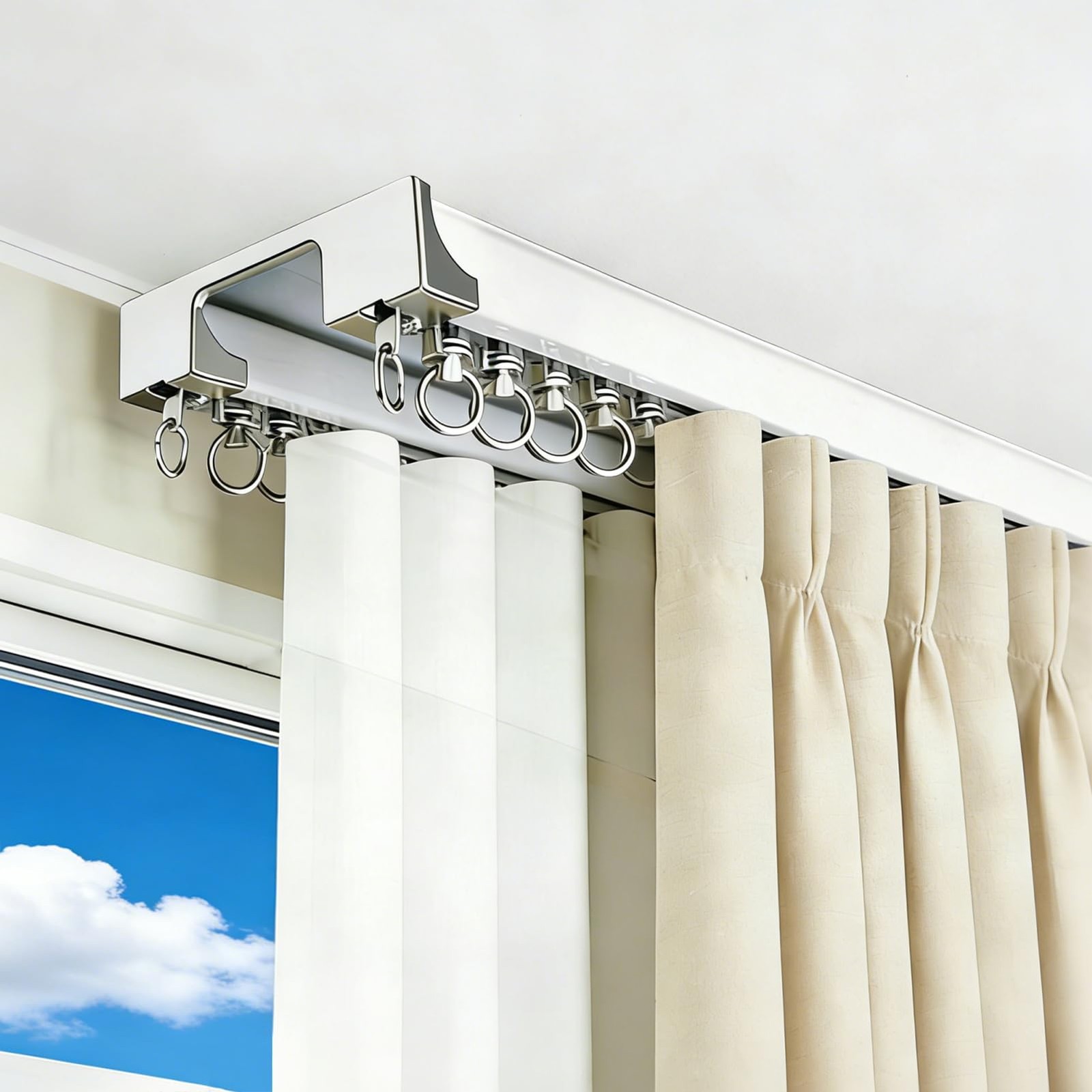 Silent Double Row Ceiling Curtain Track, Heavy-Duty 100cm, White