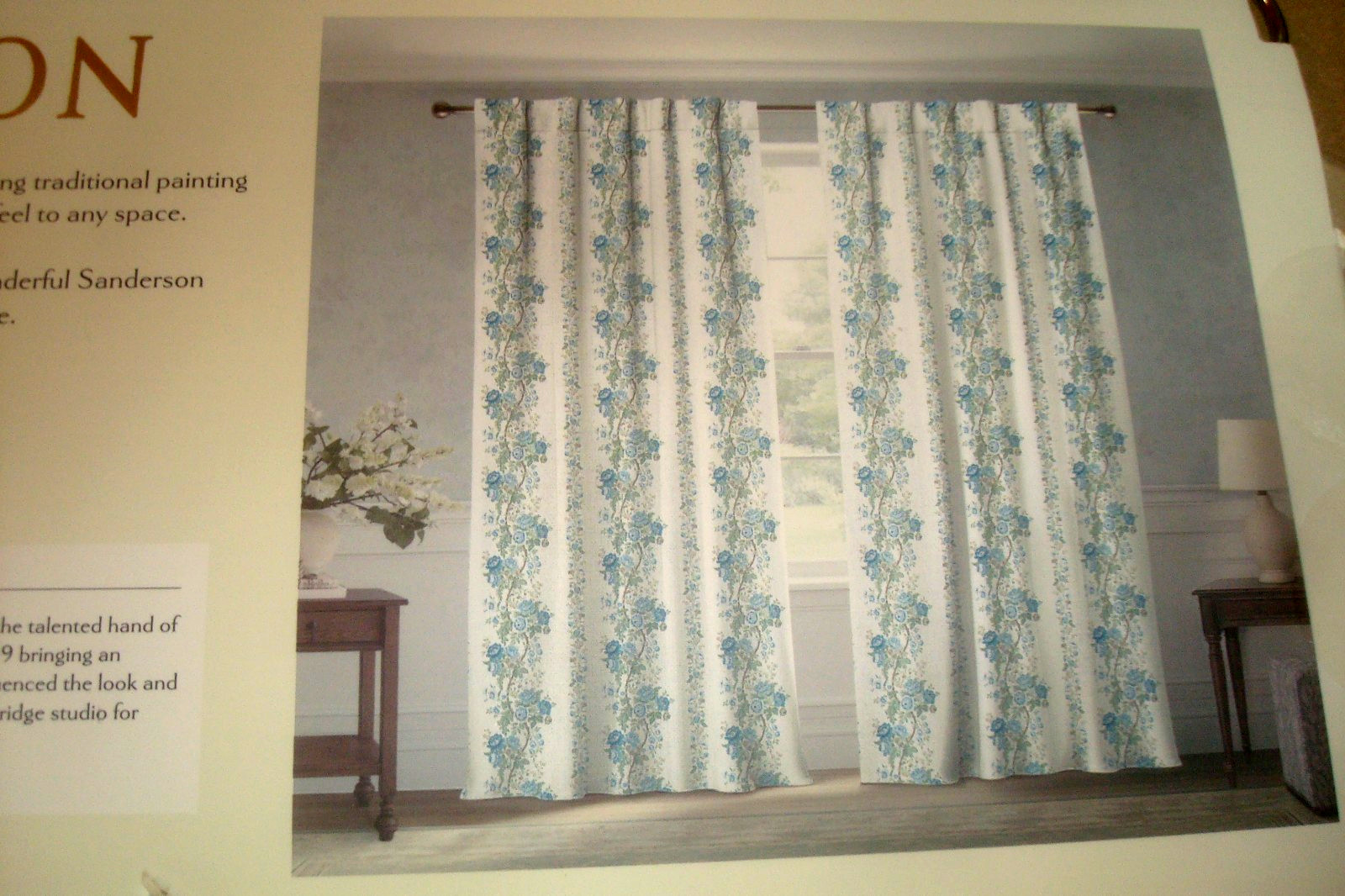 NWT Sanderson 2 pc Window Curtain Panels Hykenham Floral Aqua Blue Cotton 84″ lg