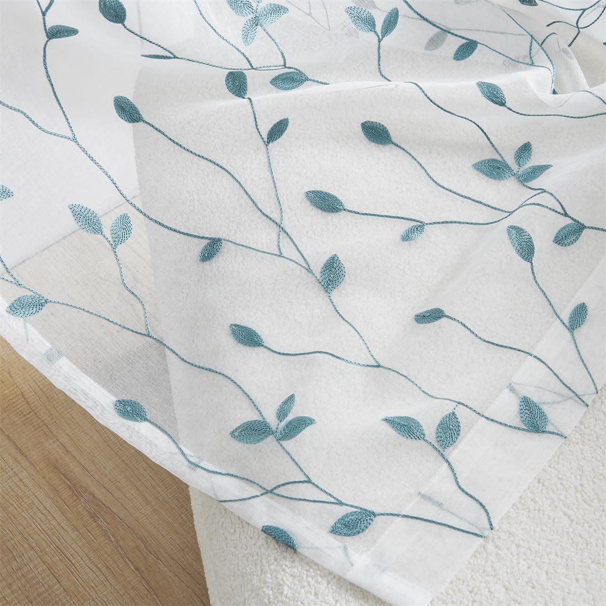 2 Panels Leaf Embroidered Sheer Curtains, Voile Rod Pocket Textured Drapes
