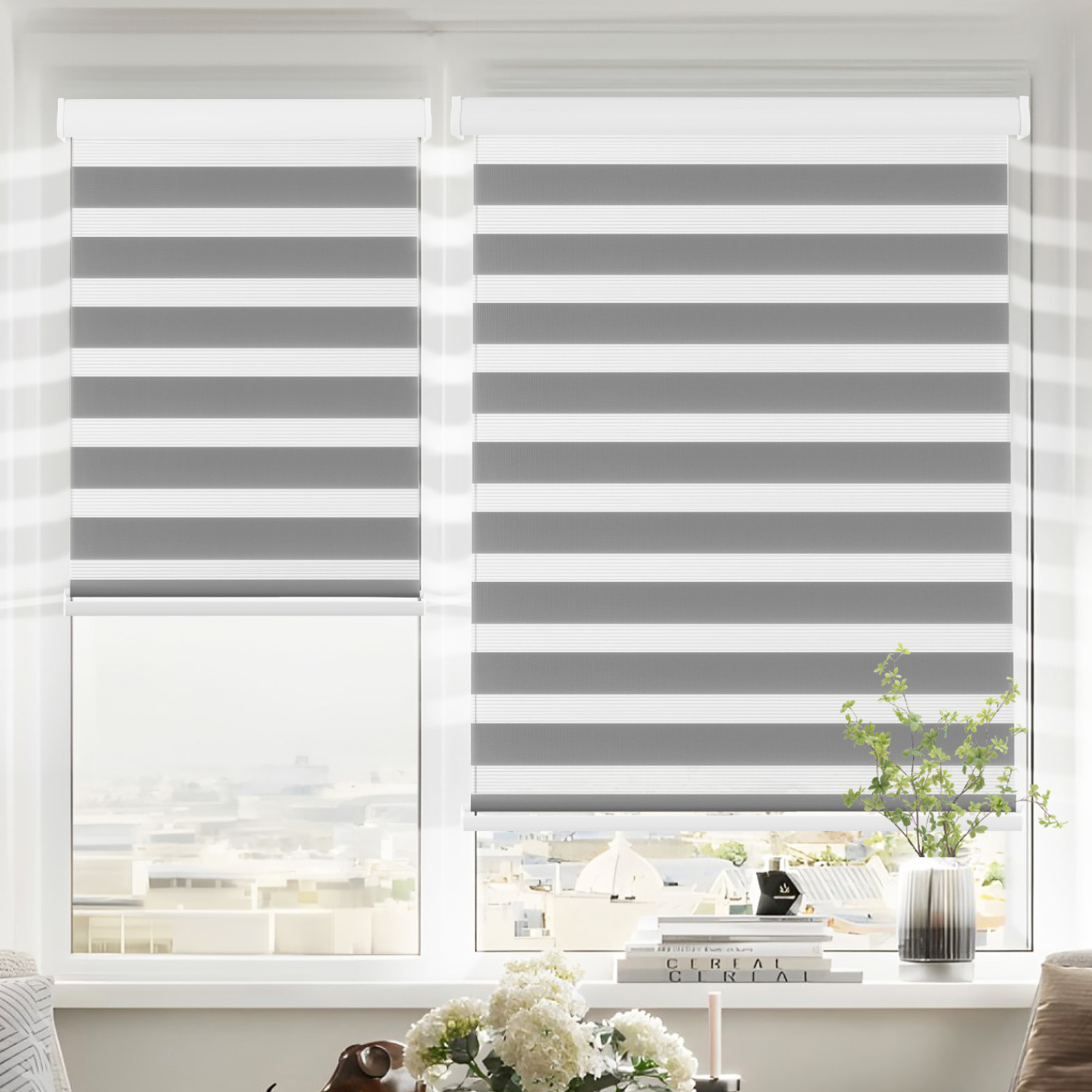 Dual Layer Cordless Zebra Blind Light Filtering Privacy Shades in Gray and White