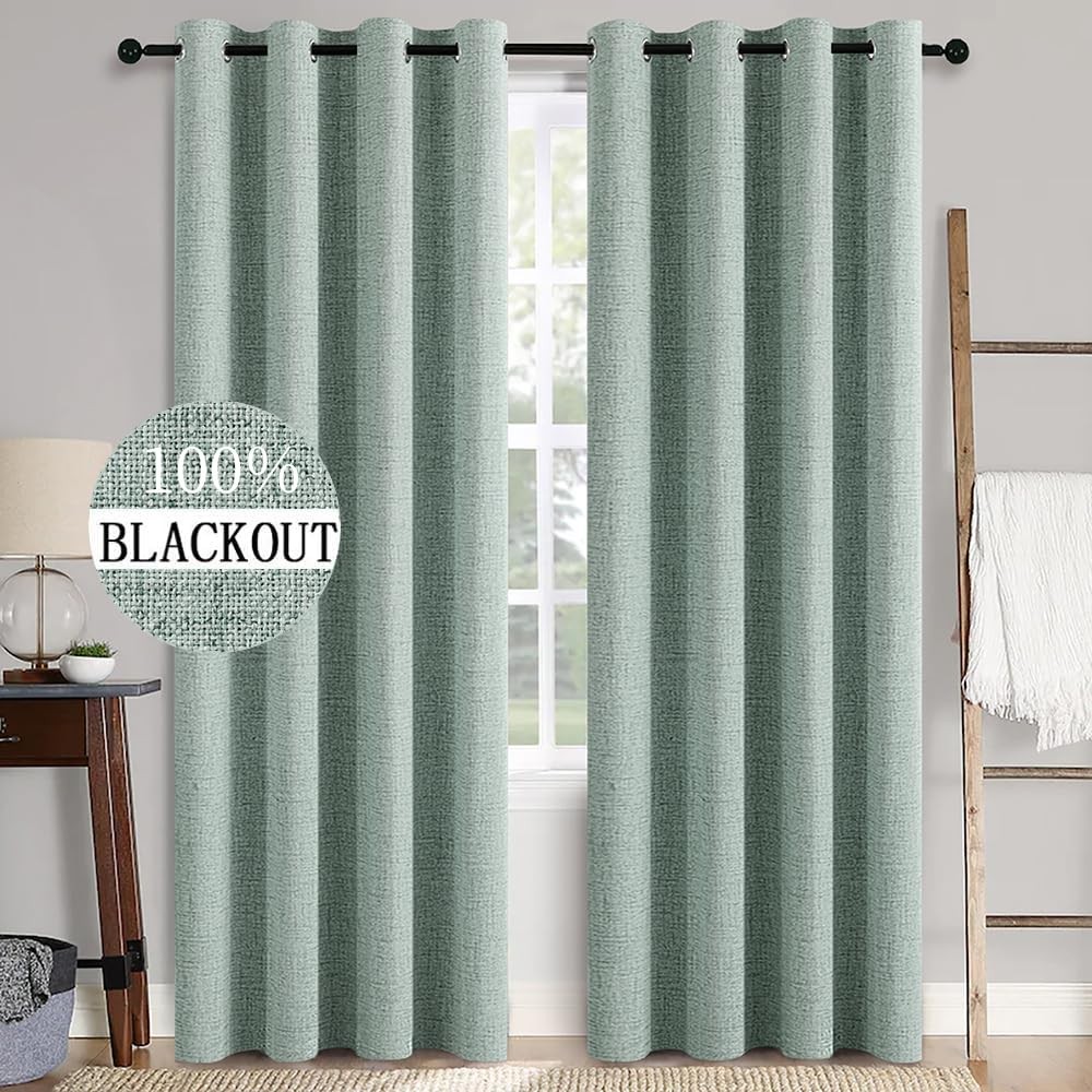 Linen Texture Curtains for Bedroom Solid 100% Blackout Thermal Insulated Seaf…