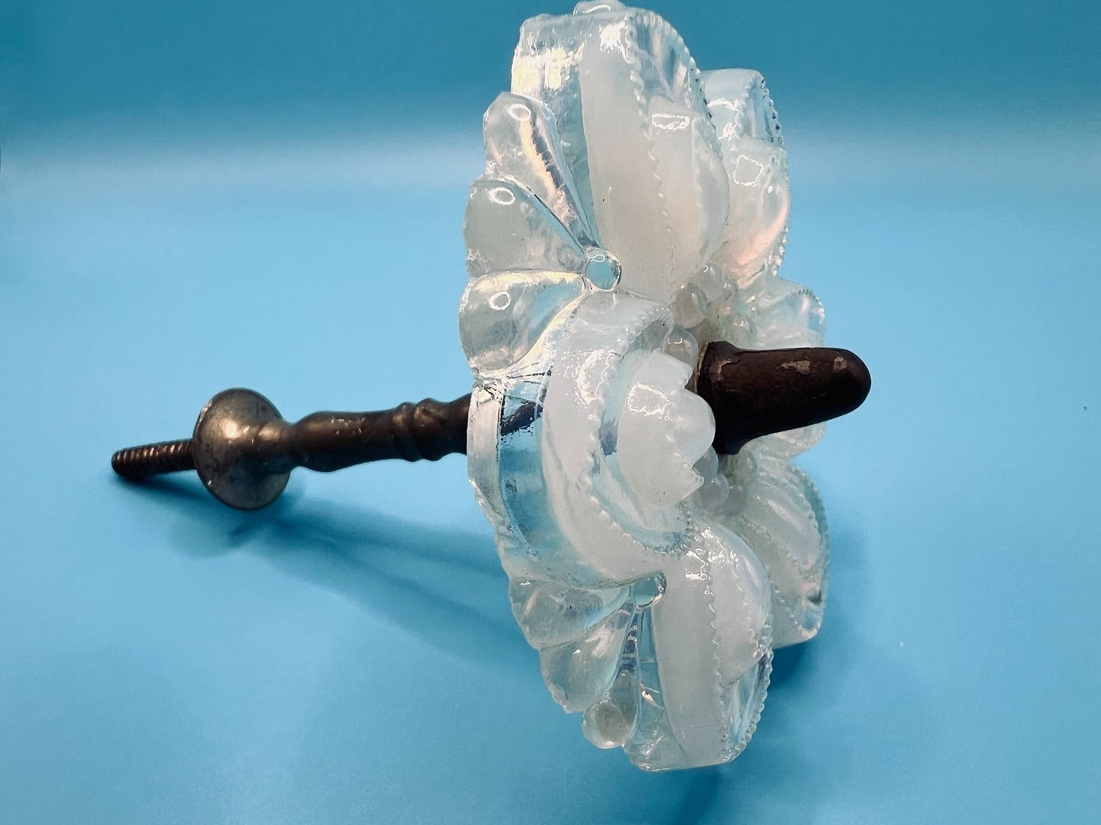 Antique 1920’s Glass Opalescent Flower Tie Back W/Pewter Post