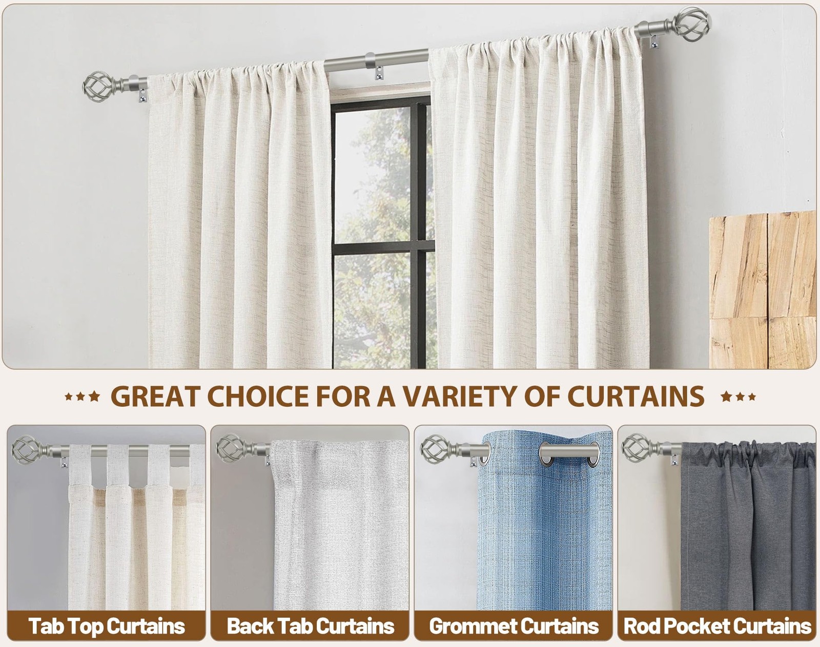 KAMANINA Antique Silver Curtain Rods for Windows 48 to 84 inch, 1 inch Adjustabl