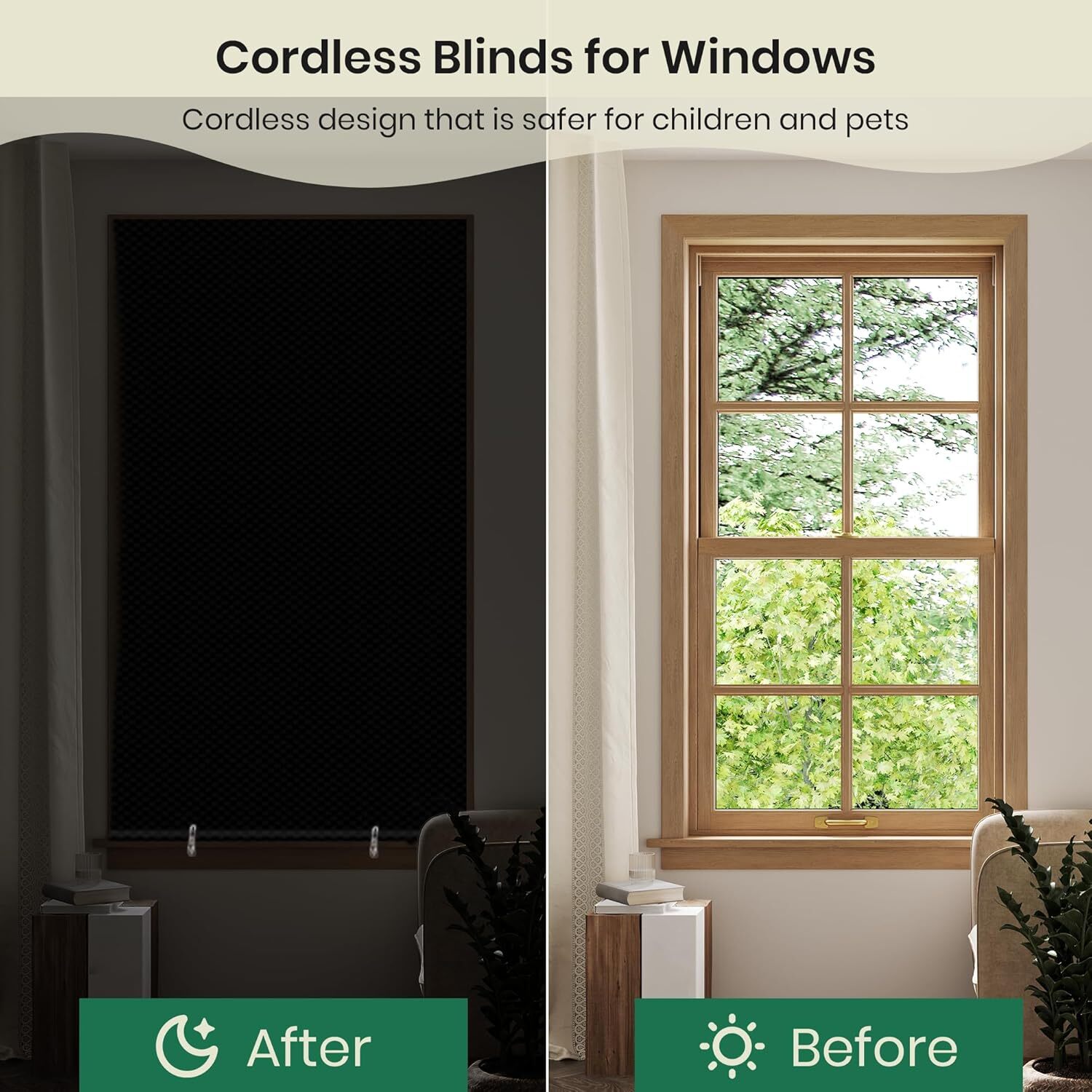 100% Blackout Roller Shades, No Drill No Tools Cordless Window Blackout Blinds