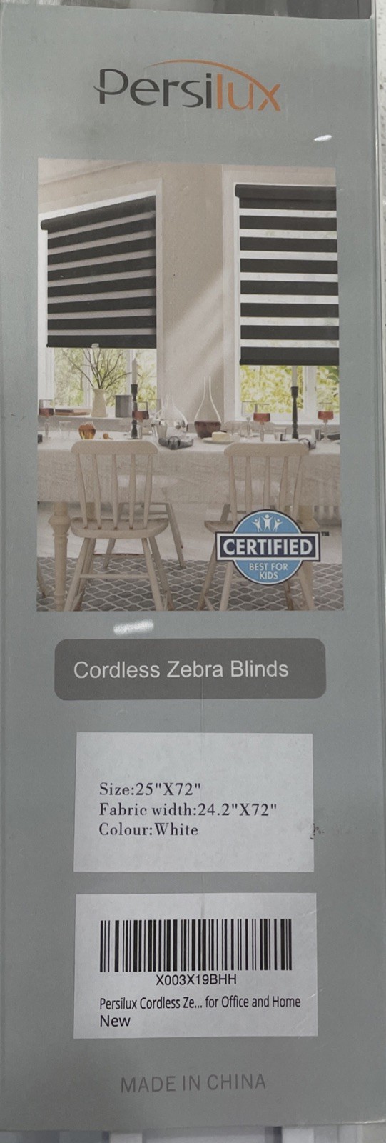 Persilux Cordless Zebra Blinds for Windows (25”W X. 72”H, White) Free-Stop