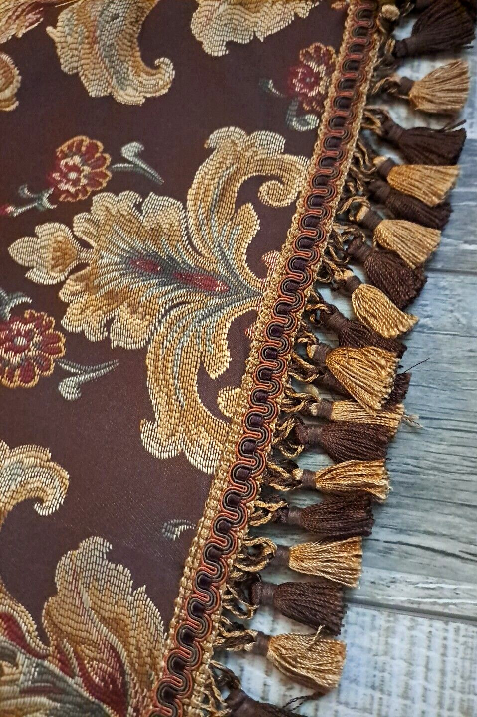 Croscill Curtain Valance Brown Gold Jacobean Tassels Curved Corner Elegant 50×23