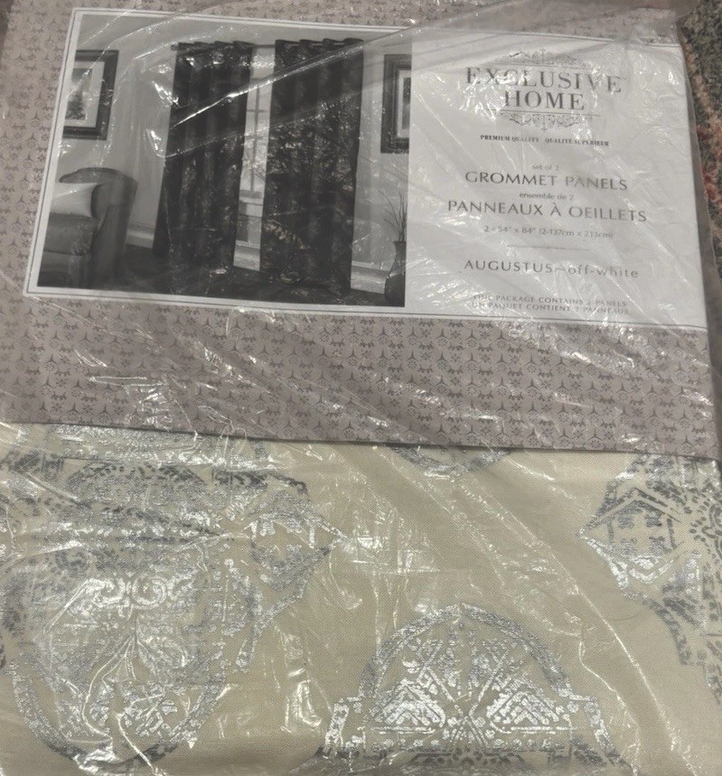 Exclusive Home Augustus Silver Metallic Grommet Off White Curtains 54″x96″ NEW